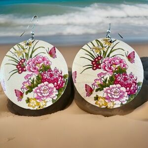 Wooden Butterfly Flower Earrings with Pink and Yellow Accents Vintage